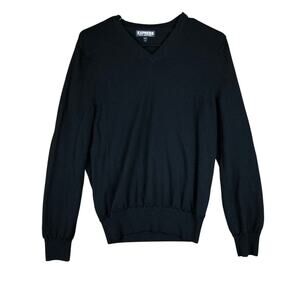 Express Men Sweater Black V Neck 100% Merino Wool long Sleeve Small